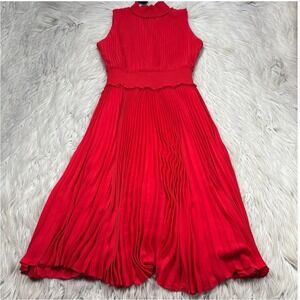 Nanette Lepore Women's 10 Red High Neck Sleeveless Pleated Midi Dress Fit Flare
